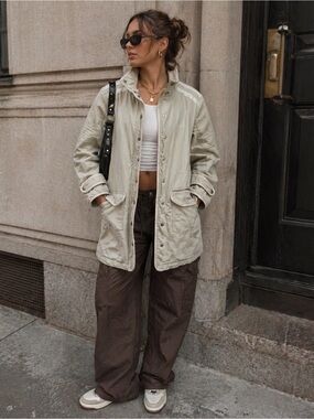 Levi’s Utility Hooded Jacket Beige Cargo TechPockets Zip Snap Streetwear L/G